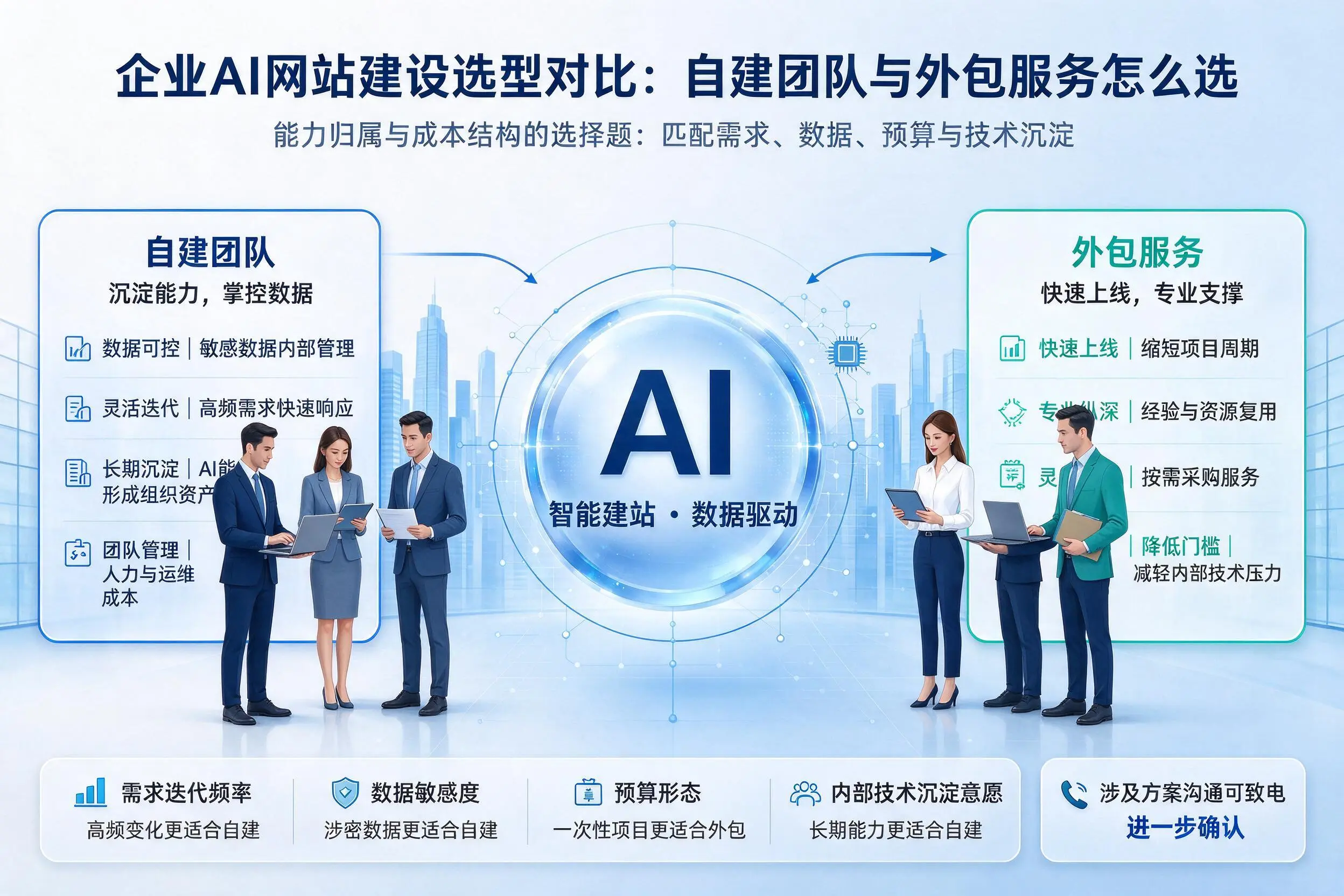 延安企业AI网站建设选型对比:自建团队与外包服务怎么选